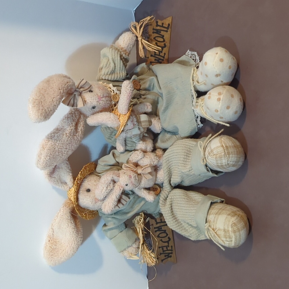Country Sitter Set Bunny Rabbits holding babies welcome sign Boy and Girl Plush